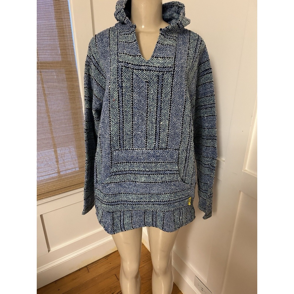 EARTH RAGZ UNISEX MEXICAN BLANKET HOODIE BAJA HIPPIE PULLOVER JACKET SIZE L Blue